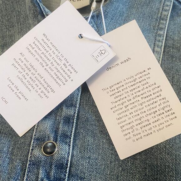 ICHI Denim Pearl Snap Puff Sleeve Dress Size 34 Western Country Sustainable - Picture 4 of 13